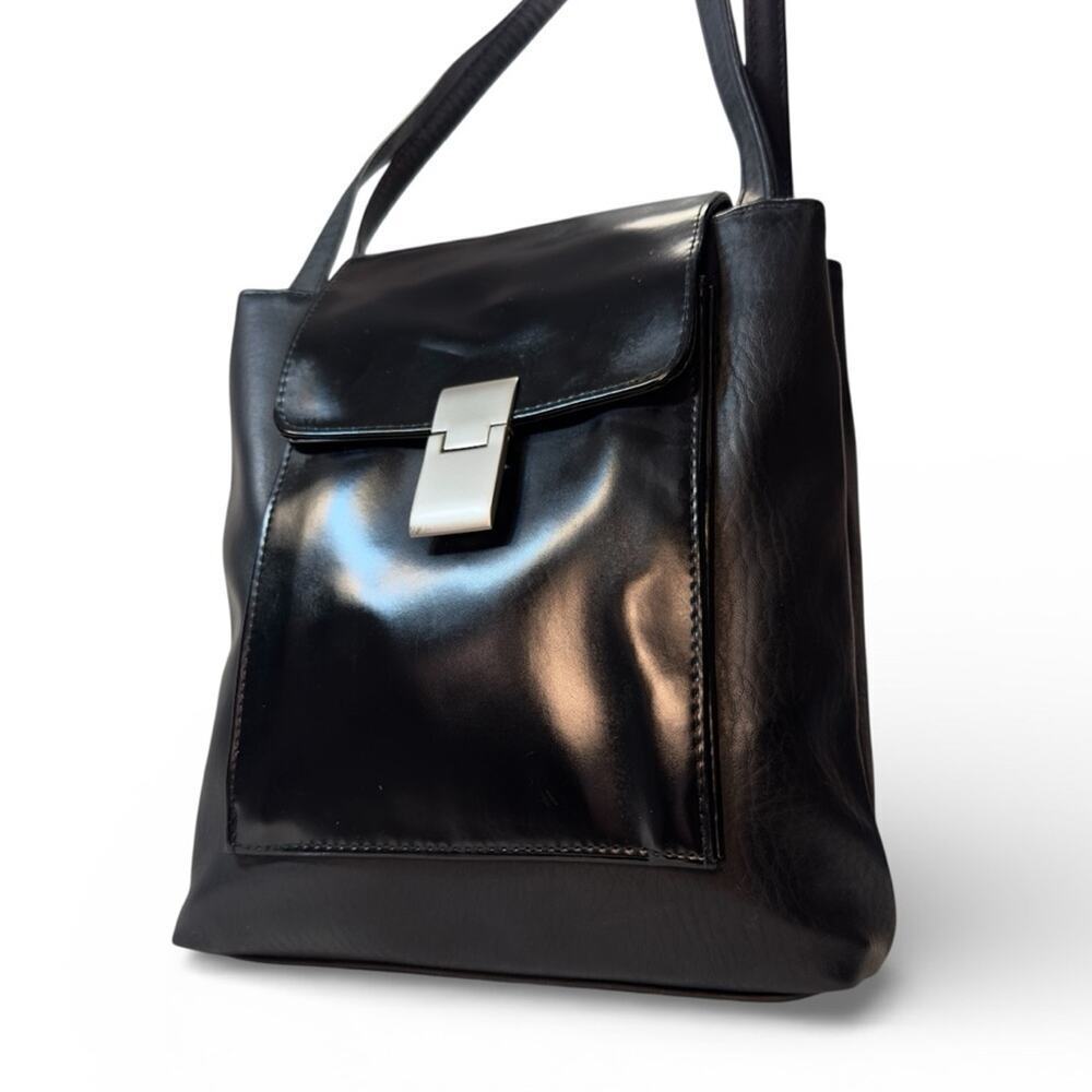 Faux Leather Sleek Black Shoulder Bag Silver Hardware